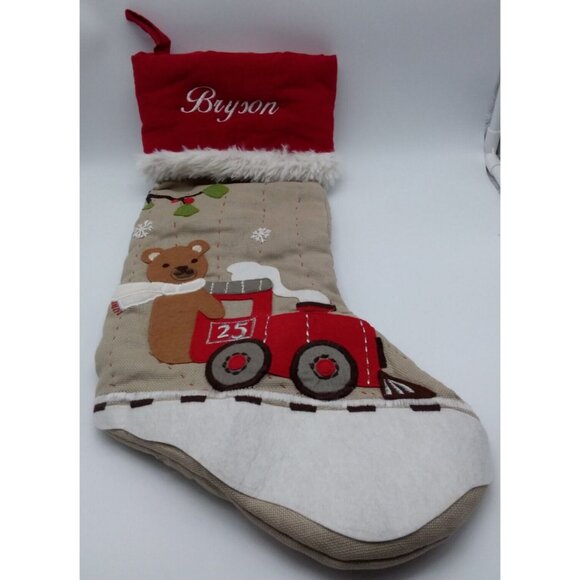 Pottery Barn Kids Bryson Bear on Train Christmas Stocking Holiday Xmas Quilted - Picture 9 of 9